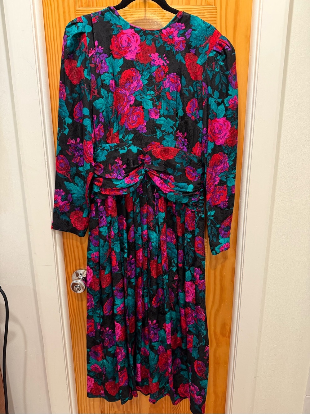 1980s Maggy London Black Long-Sleeve Midi Dress with Pink & Teal Floral Print